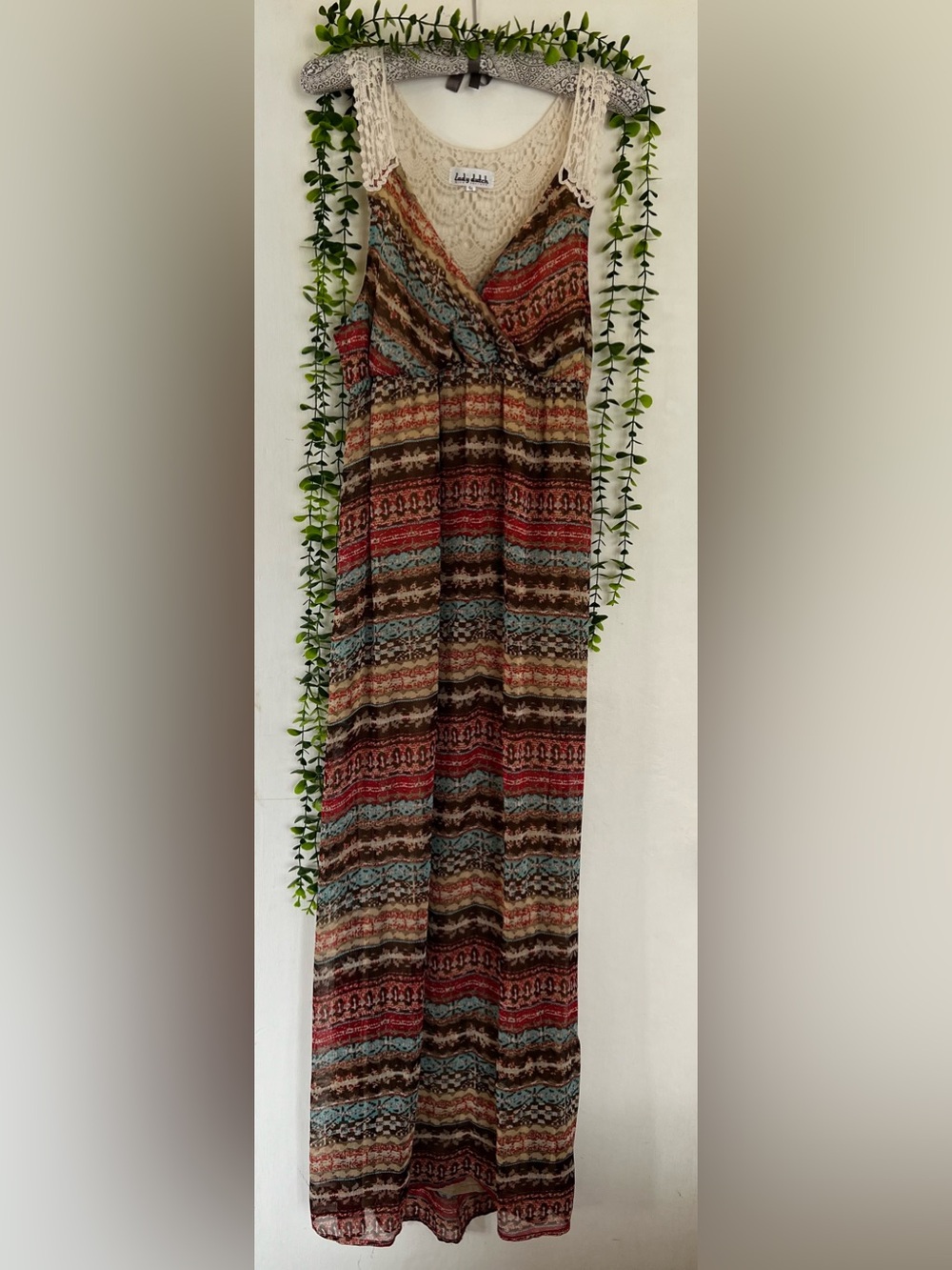 Boho Crochet-Trim Maxi Dress in Rust, Teal, Cream and Brown